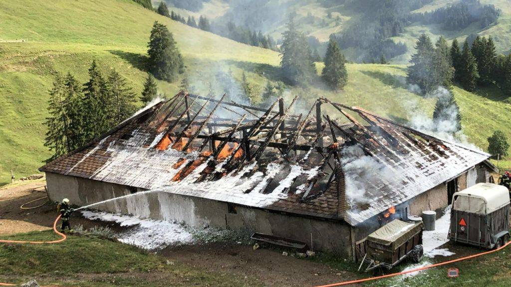 Beim Brand dieser Alphütte in Charmey FR sind zwei Menschen verletzt worden. Fünf Rinder kamen in den Flammen um.