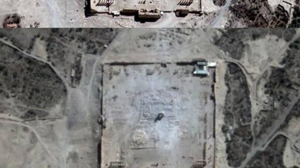 Eine UNO-Organisation veröffentlichte am Montag Satelliten-Bilder der Antikenstadt Palmyra in Syrien. Sie bestätigen: Der weltberühmte Baal steht nicht mehr.