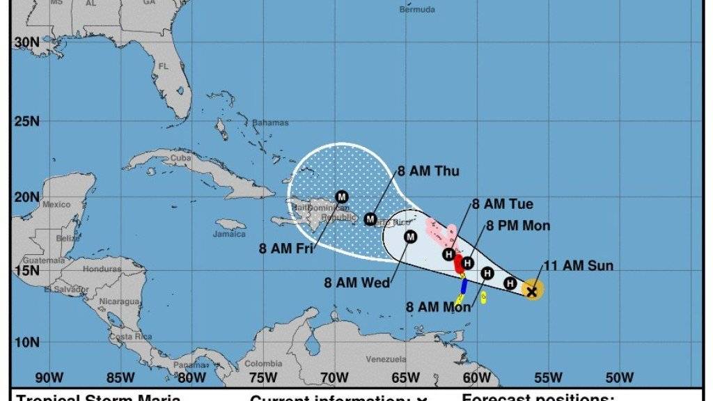 Nicht einmal zwei Wochen nach dem verheerenden Wirbelsturm «Irma» bedroht der Hurrikan «Maria» die Karibikinseln. Diesmal dürfte vor allem die Insel Guadeloupe betroffen sein. Für Montag wird mit Windgeschwindigkeiten von bis zu 200 Stundenkilometern gerechnet.
