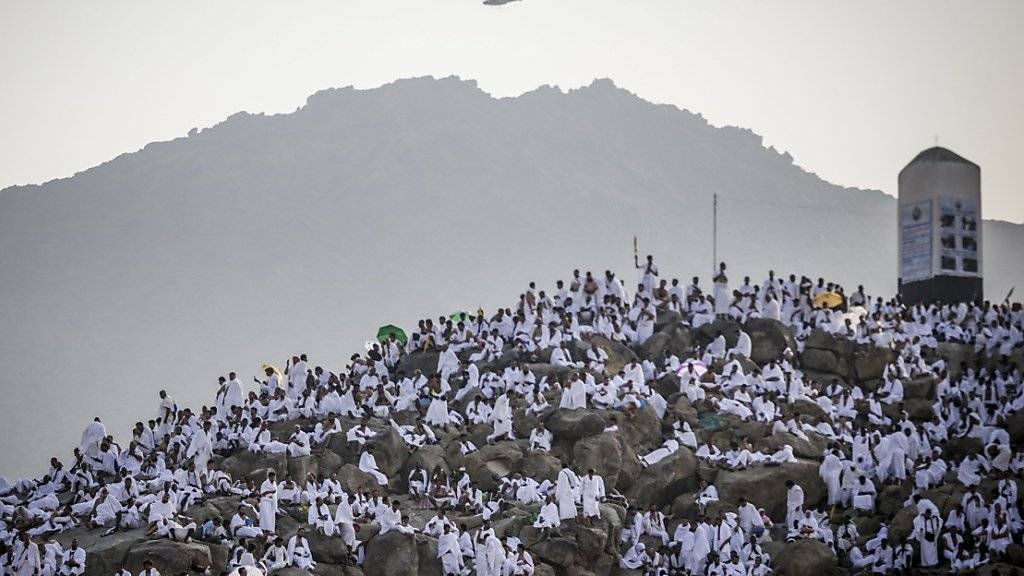 Muslimische Gläubige beten während der Pilgerfahrt Hadsch auf dem Berg Arafat bei Mekka.