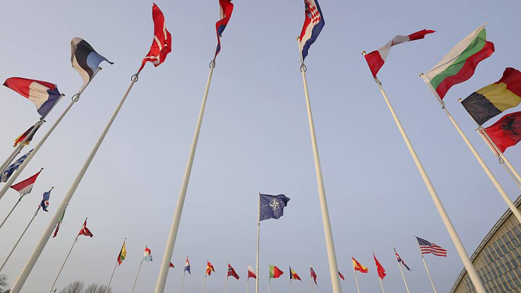 ARCHIV - Die Flaggen der NATO-Mitglieder wehen vor der Unterzeichnung einer gemeinsamen Erklärung zur Zusammenarbeit in strategischen Bereichen zwischen der NATO und der EU vor dem NATO-Hauptquartier. Foto: Olivier Matthys/AP/dpa