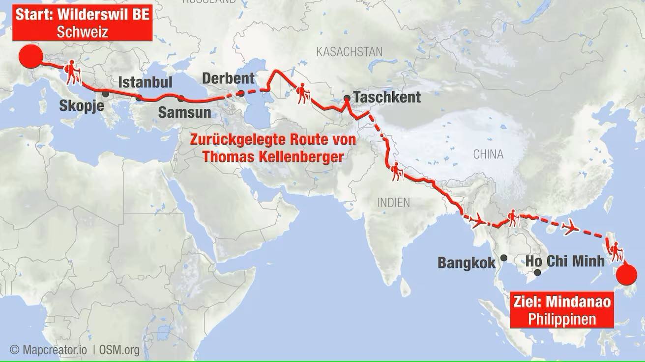 Das ist die Route, die Thomas Kellenberger zurückgelegt hat. Im Mai 2023 kam er auf den Philippinen an.