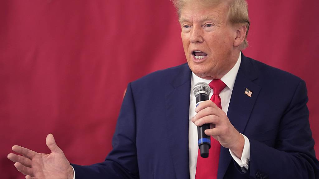 Donald Trump, ehemaliger Präsident der USA und republikanischer Präsidentschaftskandidat, spricht zu texanischen Polizisten und Gardisten auf dem South Texas International Airport. Foto: Eric Gay/AP/dpa