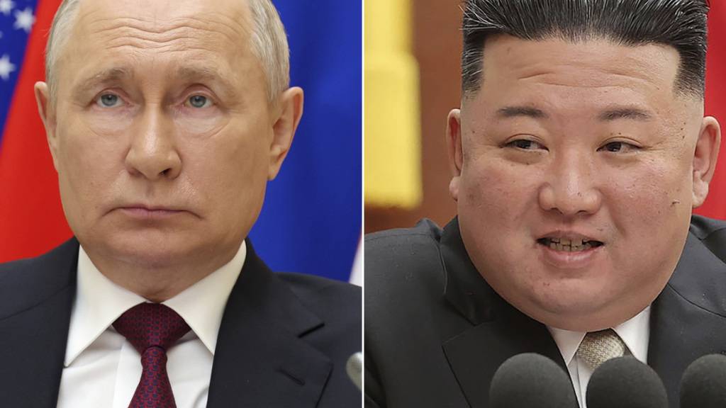 HANDOUT - KOMBO - Die Bildkombo zeigt ein von der staatlichen russischen Nachrichtenagentur Sputnik via AP veröffentlichtes Bild von Wladimir Putin (l), Präsident von Russland, während eines Treffens und Kim Jong Un, Machthaber von Nordkorea, während einer Sitzung der regierenden Arbeiterpartei in ihrem Hauptquartier. Russland und Nordkorea verhandeln inmitten des Ukraine-Kriegs nach Angaben der US-Regierung über Rüstungsgeschäfte. Foto: Uncredited/Pool Sputnik Kremlin/KCNA via KNS/AP/dpa - ACHTUNG: Nur zur redaktionellen Verwendung im Zusammenhang mit der aktuellen Berichterstattung