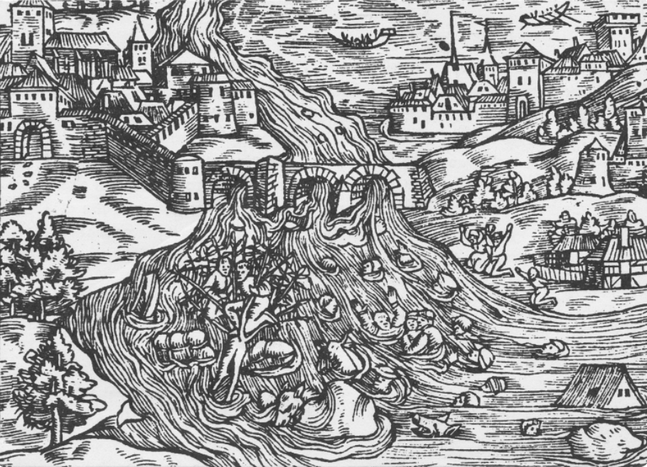 Die Flutwelle bei Bellinzona in der Chronik von Johannes Stumpf (1547/48).