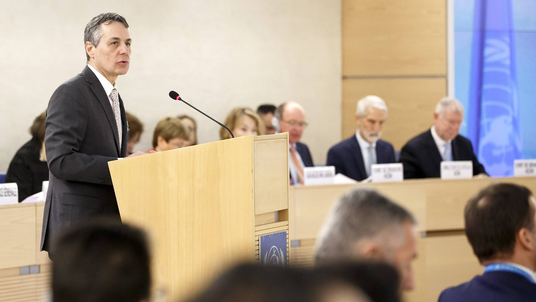 Der Schweizer Aussenminister Ignazio Cassis spricht am Montag in Genf bei der Eröffnung des UNO-Menschenrechtsrates.