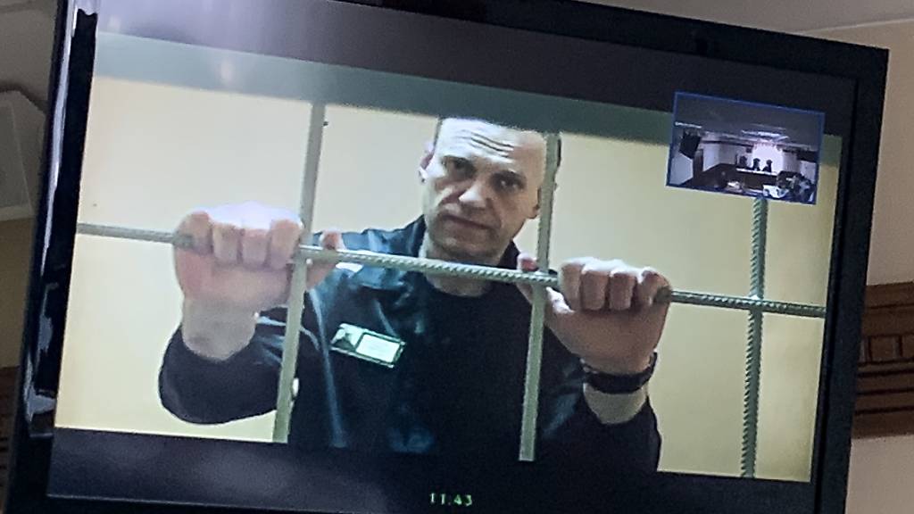 ARCHIV - Alexej Nawalny, russischer Oppositionspolitiker, wird in einem Gerichtssaal per Videoverbindung aus dem Gefängnis zugeschaltet und ist auf einem Bildschirm zu sehen. Foto: Vladimir Kondrashov/AP/dpa