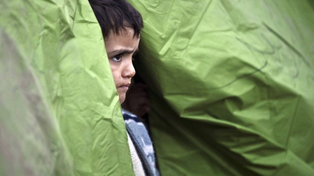 Ein Junge schaut in der griechischen Grenzstadt Idomeni aus einem Zelt. Die an der Grenze zu Mazedonien gestrandeten Flüchtlinge erhalten bisher nur von privaten Organisationen medizinische Hilfe. Jetzt hat Athen ein Gesundheitszentrum angekündigt