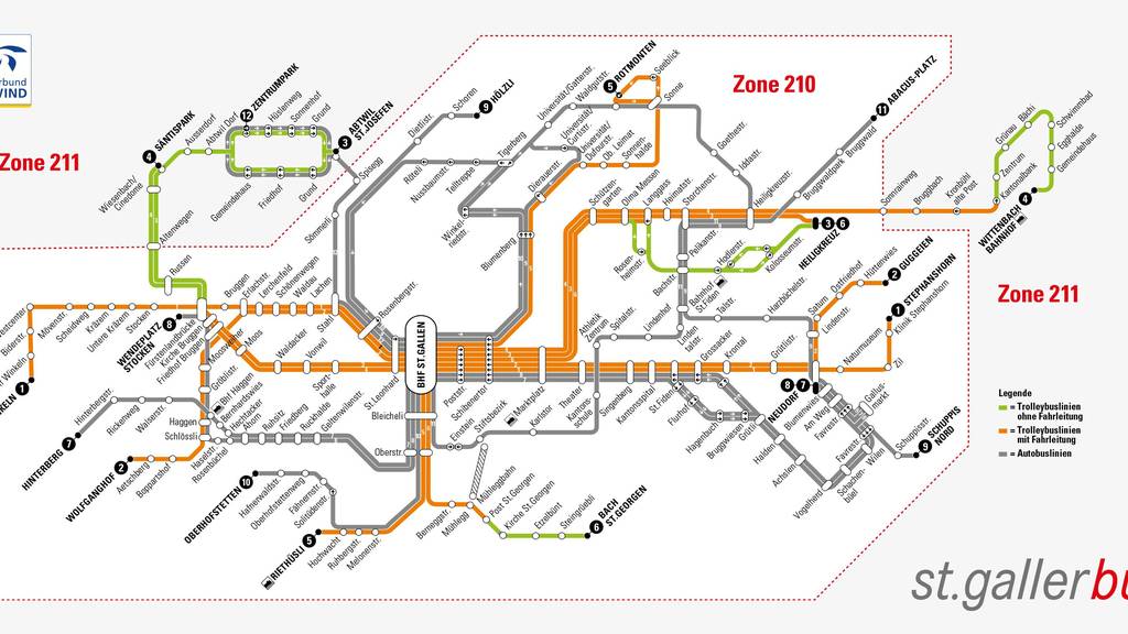 Liniennetzplan VBSG ab Dezember 2020 mit Darstellung der elektrifizierten Linien. (Bild: Stadt St.Gallen)