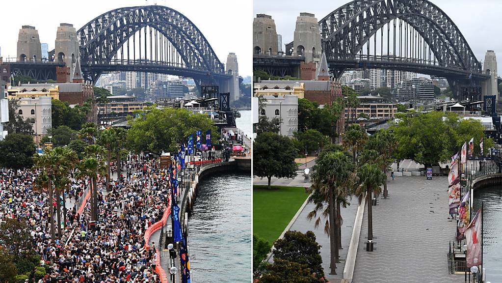 A composite image created on Thursday, December 31, 2020, compares the Circular Quay New Years Eve. 2019 crowd size with 2020. **..NSW Police patrol Circular Quay on New Years Eve in Sydney, Thursday, December 31, 2020. Sydneysiders were asked to stay home and watch the fireworks on television this year to due the COVID-19 pandemic. (AAP Image for NSW Government/Dan Himbrechts) NO ARCHIVING.***.Crowds building around the Sydney Harbour foreshore at Circular Quay during New Year's Eve celebrations in Sydney, Tuesday, December 31, 2019. (AAP Image for City of Sydney/Dean Lewins) NO ARCHIVING, EDITORIAL USE ONLY