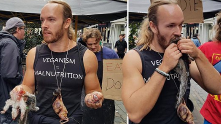 Mann isst rohes Eichhörnchen auf Vegan-Markt