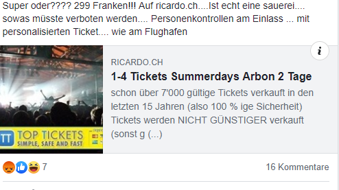Mittlerweile will Top-Tickets 349 Franken für die Tickets. (Screenshot: Facebook/Du bisch vo Arbon, wenn...)