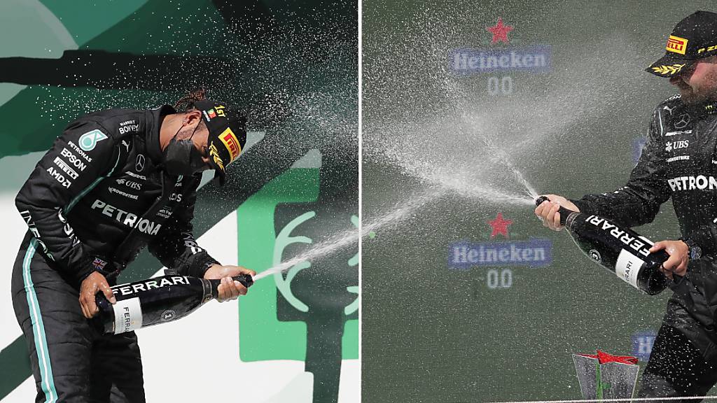 Valtteri Bottas (links): Champagner für Sieger Lewis Hamilton und den eigenen dritten Rang