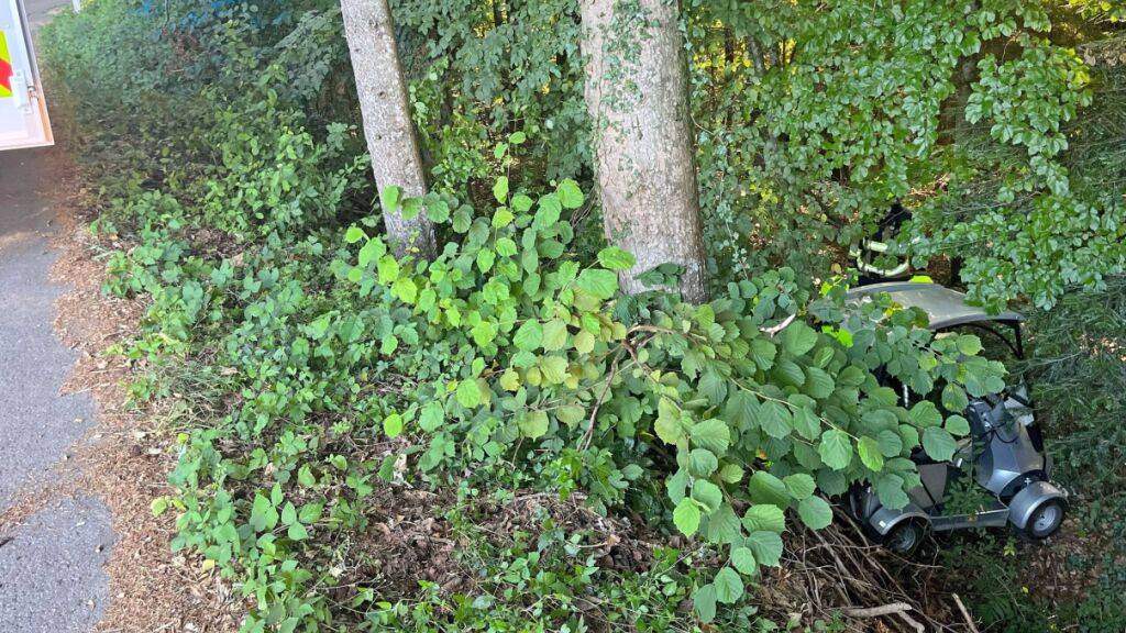 Glück im Unglück hatte ein Senior, der mit seinem Elektrofahrzeug in ein Tobel stürzte. Er verletzte sich dabei nur leicht.