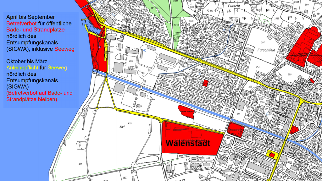In den roten Zonen gilt das Hundeverbot. (Karte: walenstadt.ch)