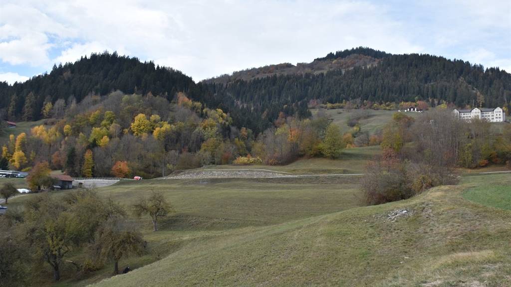 Auf dieser Wiese in Schluein prallte ein Gleitschirmpilot auf und verletzte sich tödlich.