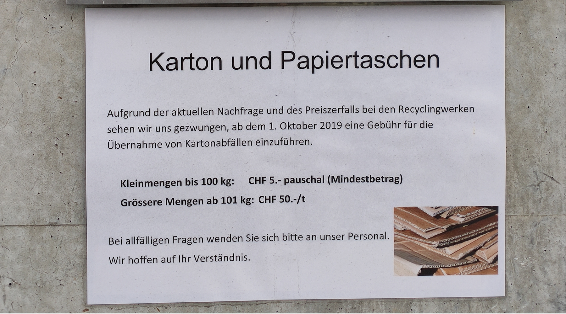 Neu kostet das Entsorgen von Karton bei der Zingg AG in Tübach fünf Franken.