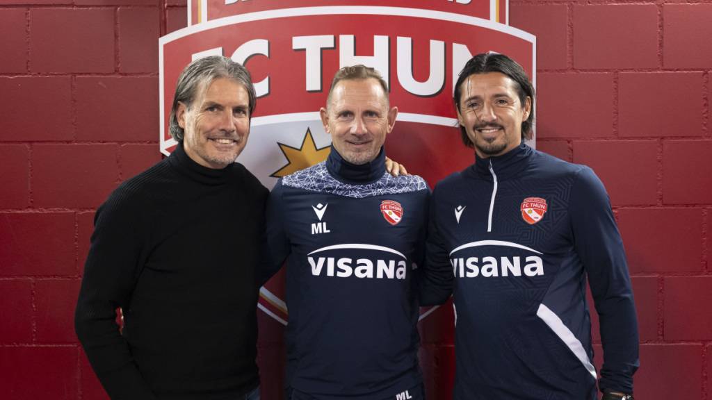 Drei Eckpfeiler des Thuner Triumphs (von links): Präsident Andres Gerber, Trainer Mauro Lustrinelli und Assistenztrainer Nelson Ferreira