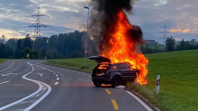 Auto fängt Feuer nach Selbstunfall