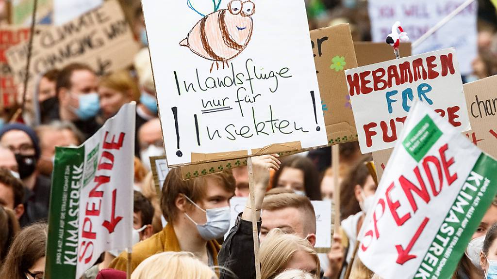 Eine Demonstrantin hält auf der Klimastreikdemonstration von «Fridadys For Future» (FFF) eine Plakat mit der Aufschrift «Inlandsflüge nur für Insekten» in die Höhe. Die Aktivisten fordern sozial gerechte und effektive Maßnahmen, um den globalen Temperaturanstieg auf 1,5 Grad Celsius zu begrenzen. Foto: Markus Scholz/dpa