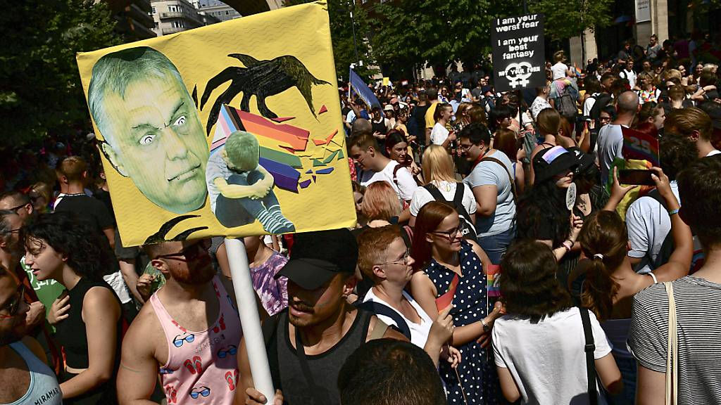 Menschen halten bei einer Pride Parade ein Plakat mit dem Gesicht des ungarischen Ministerpräsidenten Orban. In diesem Jahr fand der Marsch vor dem Hintergrund der Politik Orbans statt, die sich verstärkt gegen Homosexuelle und andere sexuelle Minderheiten richtet. Foto: Anna Szilagyi/AP/dpa