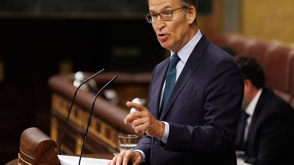 Alberto Nunez Feijoo, Vorsitzender der PP und Kandidat für das Amt des Regierungspräsidenten, spricht im Abgeordnetenhaus in Madrid. Das Unterhaus des spanischen Parlaments stimmt erneut über die Kandidatur des bisherigen konservativen Oppositionsführers Alberto Nunez Feijoo für das Amt des Ministerpräsidenten ab. Foto: Eduardo Parra/EUROPA PRESS/dpa
