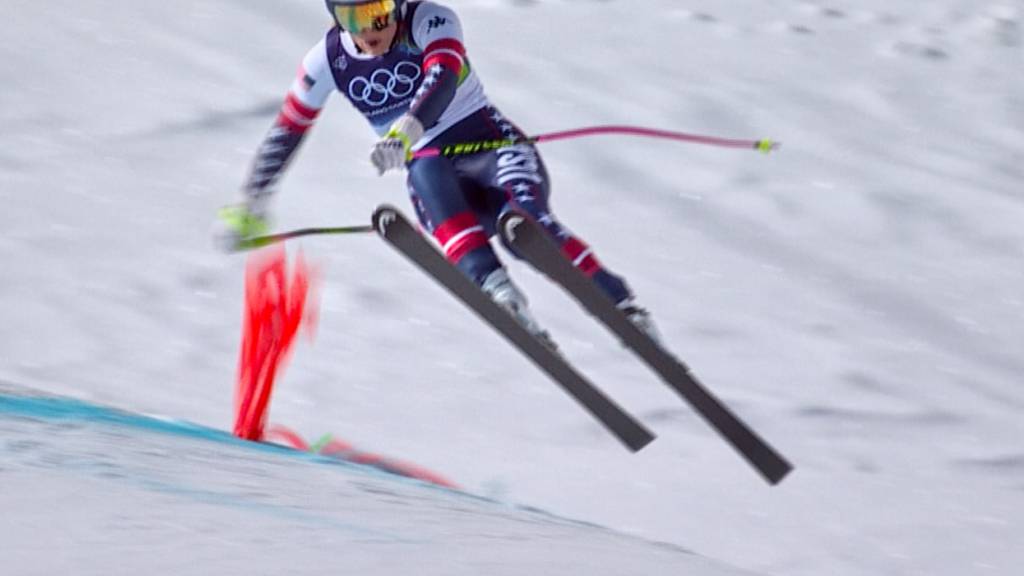 Lindsey Vonn Sekundenbruchteile vor ihrem Sturz in der Olympia-Abfahrt in Cortina