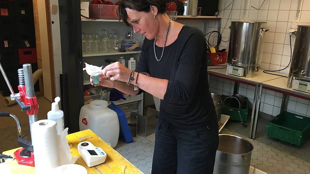 In der BrauBudeBasel misst Brauerin Jill Engelmann den Stammwürzegehalt eines soeben gebrauten Bieres.