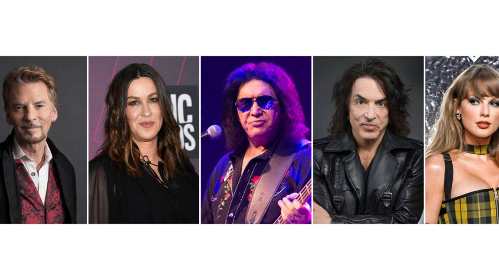 Neben Taylor Swift (rechts)  werden weitere Musikerinnen und Musiker in die Songwriters Hall of Fame aufgenommen (von links): Kenny Loggins, Alanis Morissette, Gene Simmons und Paul Stanley.