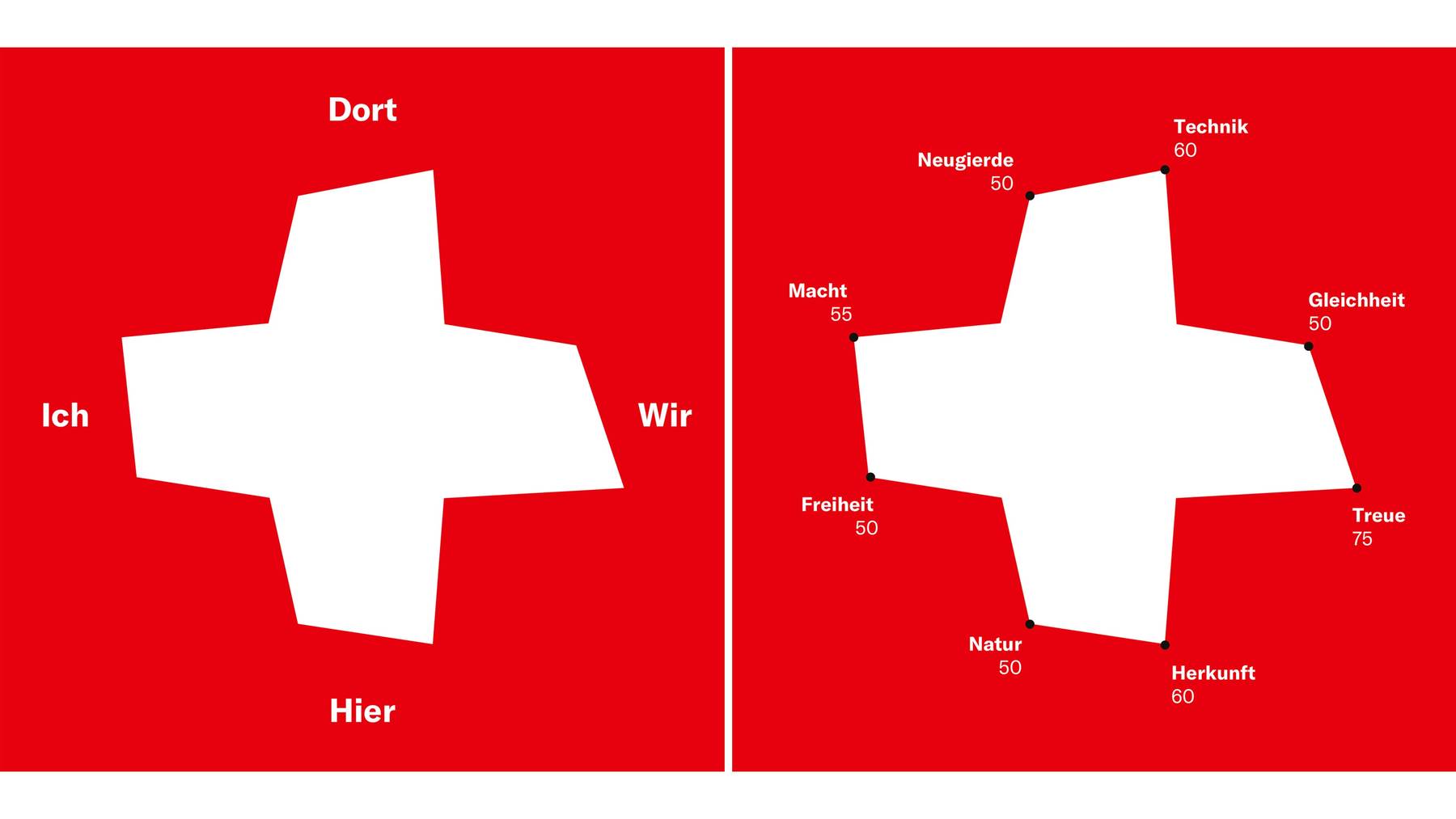 Die Online-Umfrage Nexplorer zeichnet anahnd der Antworten der Teilnehmenden ein individualisiertes Schweizerkreuz.