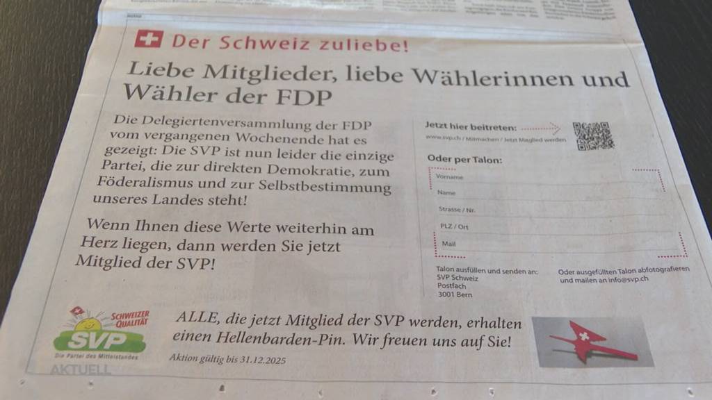 «Kommt zu uns»: SVP wirbt mit Inserat um EU-müde FDP-Mitglieder