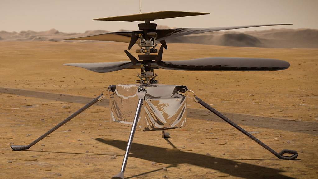 Eine Illustration des Mars-Helikopters «Ingenuity»: Am Montag hat er den ersten Flug eines Hubschraubers auf einem anderen Planeten absolviert.