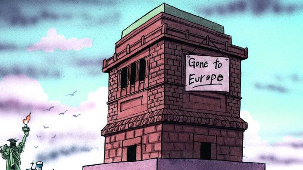 Karikatur von Peter Schrank in der Ausstellung «Gezeichnet 2025» im Museum für Kommunikation in Bern.