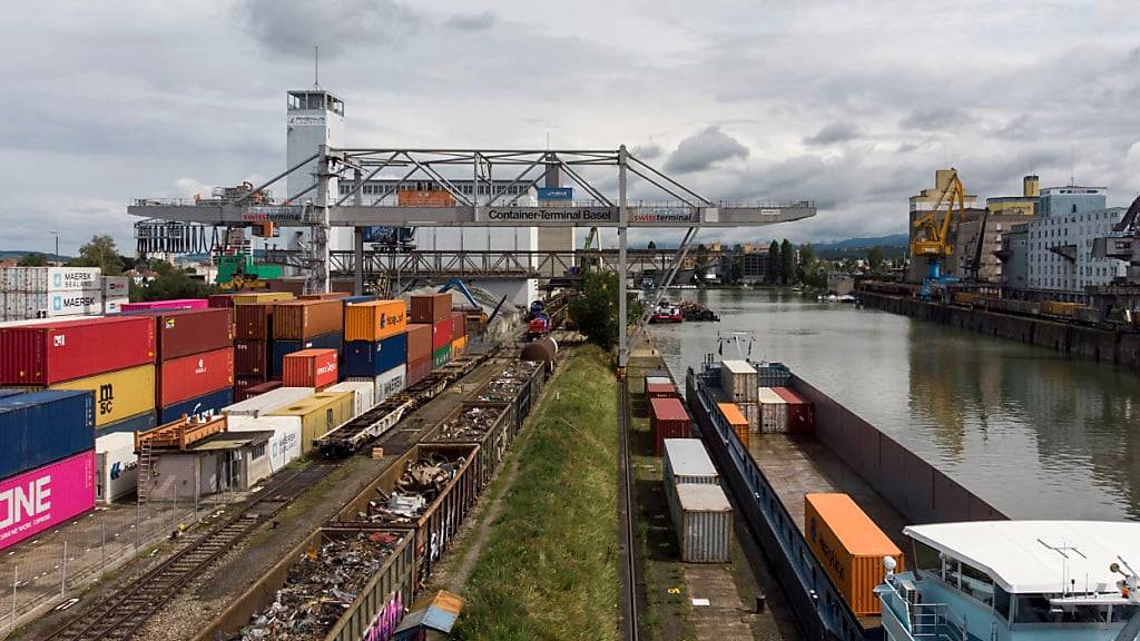 Container werden auf dem Umschlagplatz am Port of Switzerland vom Wasser auf die Bahn und LKW verladen. (Archivbild)