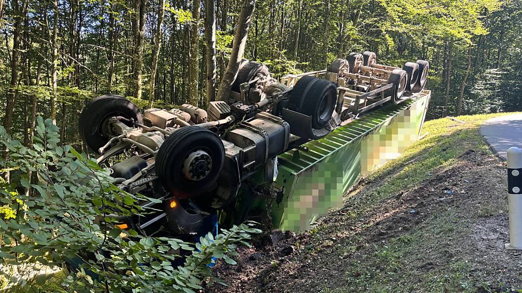 Lastwagen überschlägt sich bei Selbstunfall in Berlingen TG