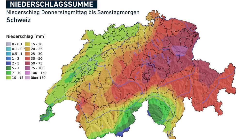 Erwartete Niederschlagsmengen zwischen Donnerstagmittag und Samstagmorgen.