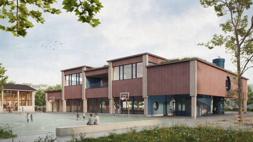 So soll die neue Nebiker Doppelturnhalle mit zusätzlichen Schulräumen dereinst aussehen. (Visualisierung)