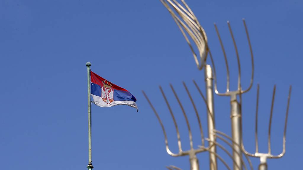 Mistgabeln werden vor dem Parlamentsgebäude in Belgrad gezeigt. Foto: Darko Vojinovic/AP/dpa