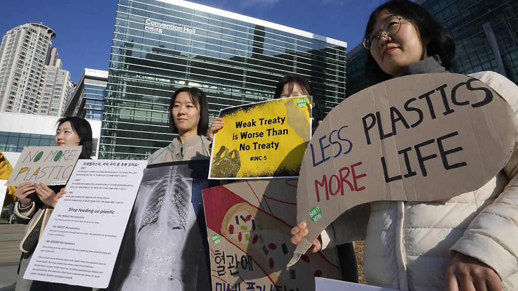 Südkoreanische Umweltaktivistinnen und -aktivisten protestieren vor dem Veranstaltungsort der fünften Sitzung des zwischenstaatlichen Verhandlungsausschusses zur Plastikverschmutzung in Busan. (Archivbild),