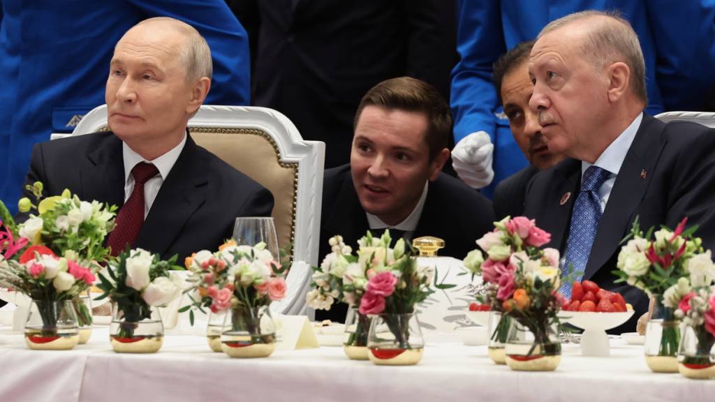 ARCHIV - Der russische Präsident Wladimir Putin (l) und der türkische Präsident Recep Tayyip Erdogan nehmen an einem offiziellen Empfang im Rahmen des Gipfeltreffens der Shanghaier Organisation für Zusammenarbeit (SCO) teil. Foto: Vyacheslav Prokofyev/Pool Sputnik Kremlin/dpa
