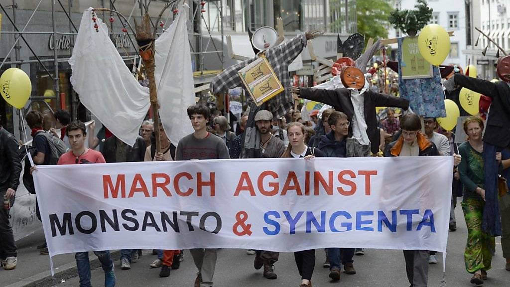 Für diese Aktivisten, die im Mai in Basel demonstrierten, gehören Monsanto und Syngenta in einen Topf. Das Syngenta-Management ist sich da nicht so sicher. Es habe immer mal wieder Spannungen gegeben (Archivbild).
