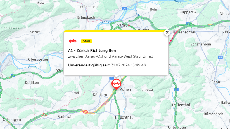 Unfall und Stau rund um die A1 bei der Ausfahrt Aarau-West