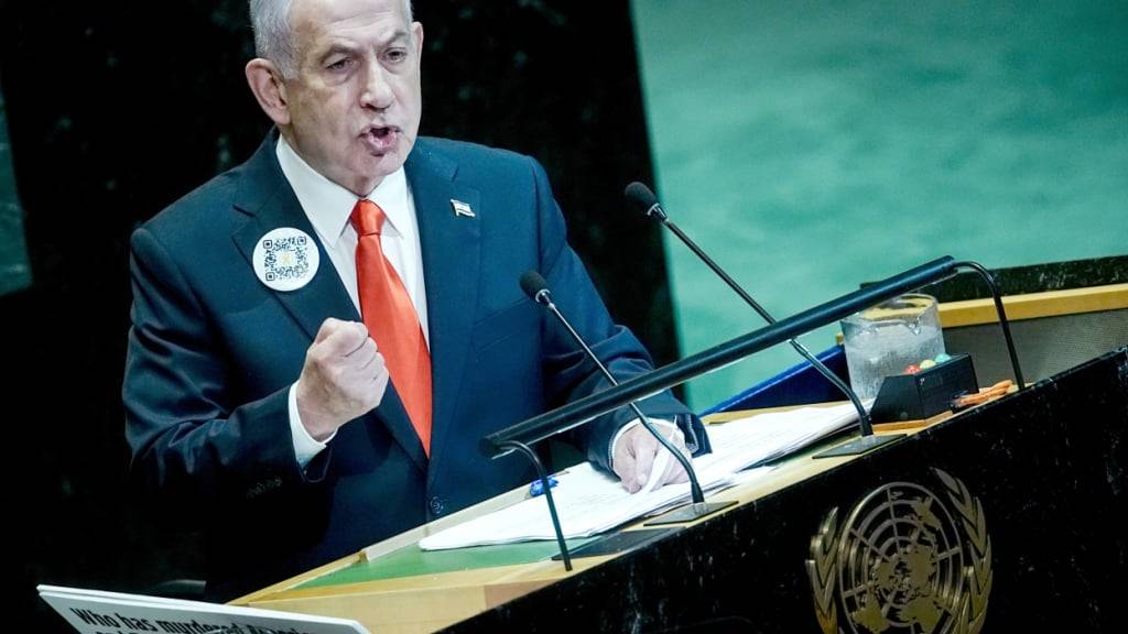 Benjamin Netanjahu, Ministerpräsident von Israel, spricht bei der Generaldebatte der UN-Vollversammlung. Foto: Kay Nietfeld/dpa