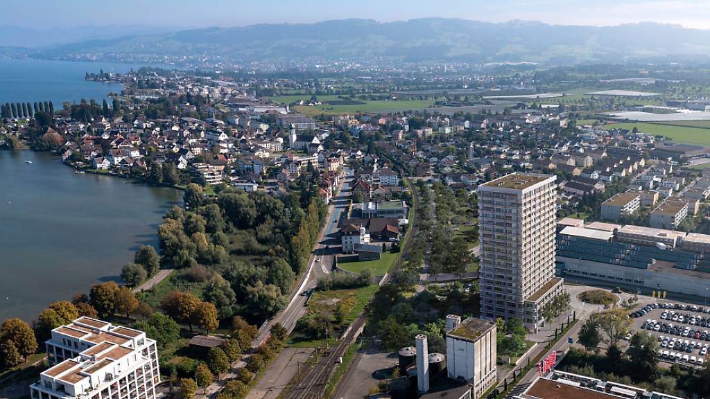 Visualisierung des geplanten Hochhauses in Steinach SG. Am 28. November entscheiden die Stimmberechtigten über den Rahmennutzungsplan, der dem Projekt den Weg ebnen würde. Das Hochhaus ist umstritten.