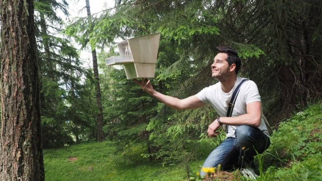 Der Initiator Bertrand Bitz zeigt ein Modell einer Baumhütte, die im Wald in der Walliser Gemeinde Nax gebaut werden sollen.