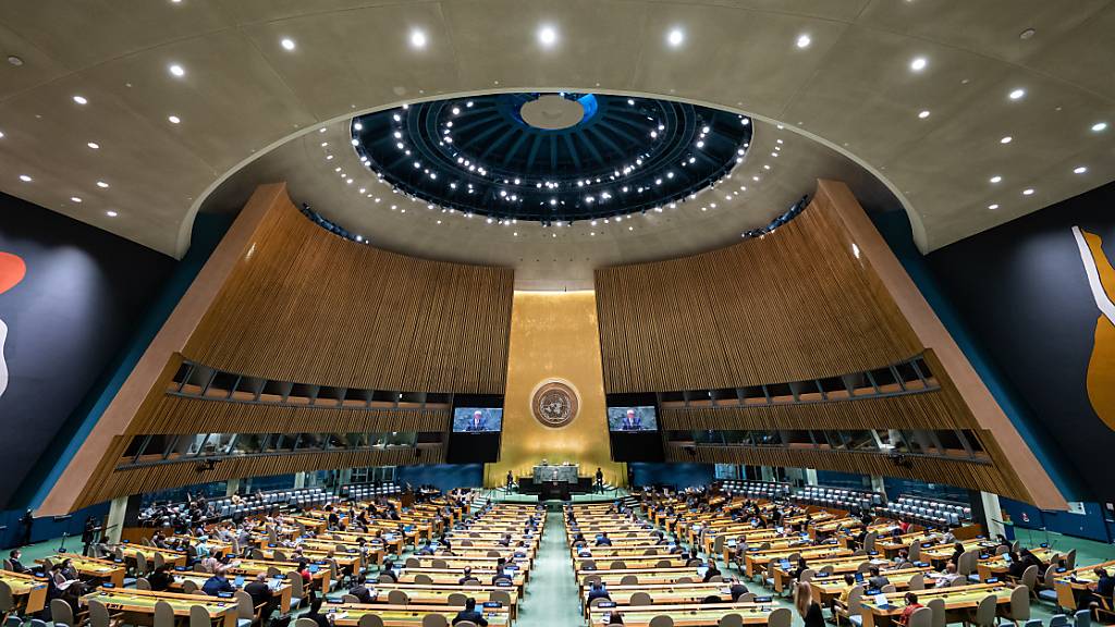 Bundespräsident Frank-Walter Steinmeier spricht in der 76. Generaldebatte der UN-Vollversammlung im Hauptquartier der Vereinten Nationen (UN). Foto: Bernd von Jutrczenka/dpa