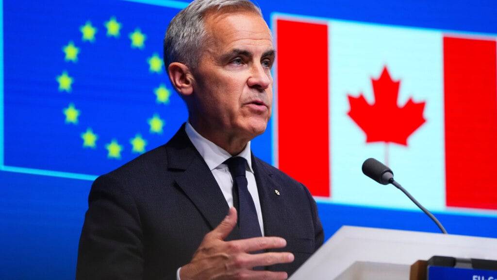 Der kanadische Premierminister Mark Carney nimmt an einer Pressekonferenz während des Kanada-EU-Gipfels in Brüssel teil. Foto: Sean Kilpatrick/The Canadian Press/AP/dpa - ACHTUNG: Nur zur redaktionellen Verwendung und nur mit vollständiger Nennung des vorstehenden Credits