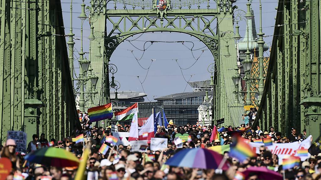 Menschen gehen bei der Gay Pride Parade über die Freiheitsbrücke in Budapest. Foto: Anna Szilagyi/AP/dpa