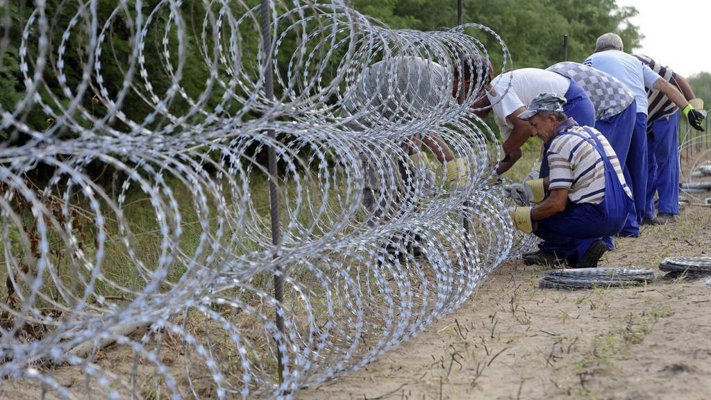 Ungarische Soldaten erstellen den 175 Kilometer langen Stacheldraht-Zaun um Flüchtlinge zu stoppen.