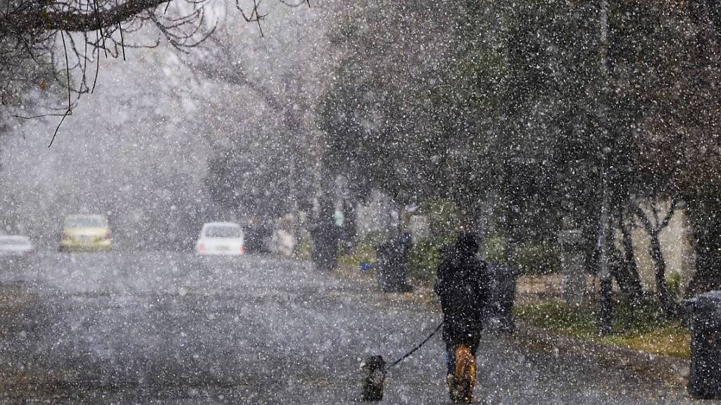 dpatopbilder - Ein Mann geht während eines Schneesturms in Johannesburg mit seinen Hunden spazieren. Foto: Jerome Delay/AP